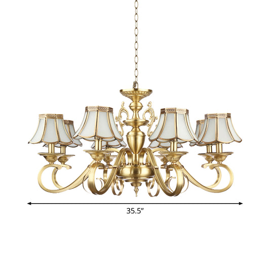 Polished Brass Scalloped Chandelier Lamp Colonial Frosted Glass 8 Lights Living Room Hanging Ceiling Light Clearhalo 'Ceiling Lights' 'Chandeliers' 'Glass shade' 'Glass' 'Pendant Lights' Lighting' 1963696