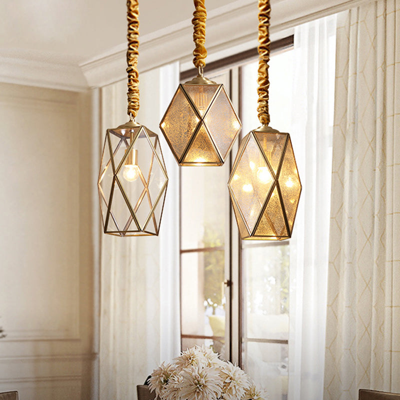 Prismatic/Faceted/Diamond Clear/Frosted Glass Hanging Pendant Vintage 1-Light Bedroom Ceiling Light in Brass Brass A Clearhalo 'Ceiling Lights' 'Glass shade' 'Glass' 'Pendant Lights' 'Pendants' Lighting' 1963697