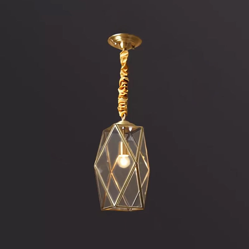 Prismatic/Faceted/Diamond Clear/Frosted Glass Hanging Pendant Vintage 1-Light Bedroom Ceiling Light in Brass Clearhalo 'Ceiling Lights' 'Glass shade' 'Glass' 'Pendant Lights' 'Pendants' Lighting' 1963708