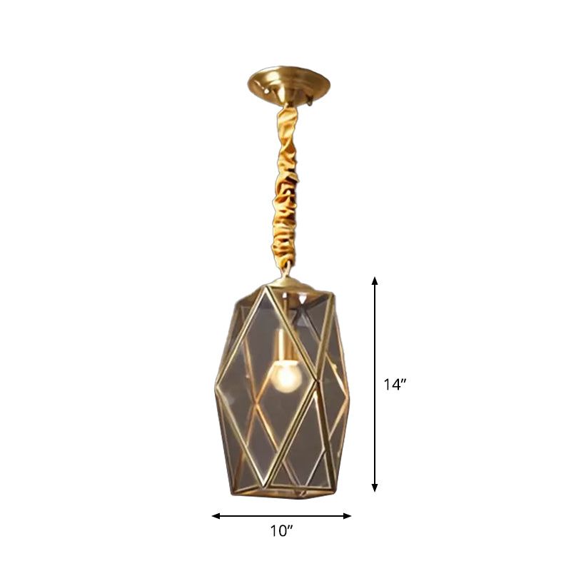 Prismatic/Faceted/Diamond Clear/Frosted Glass Hanging Pendant Vintage 1-Light Bedroom Ceiling Light in Brass Clearhalo 'Ceiling Lights' 'Glass shade' 'Glass' 'Pendant Lights' 'Pendants' Lighting' 1963709