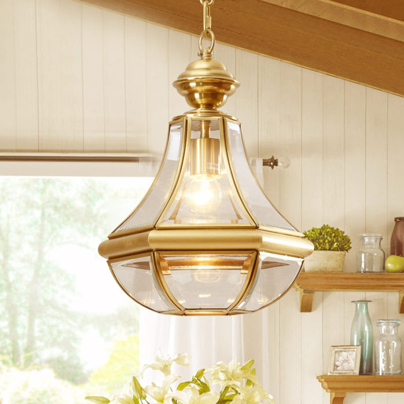 1-Light Hanging Light Minimalist Living Room Pendant Lamp with Pear Seeded/Clear Glass Shade in Polished Brass/Antique Brass Clearhalo 'Ceiling Lights' 'Glass shade' 'Glass' 'Pendant Lights' 'Pendants' Lighting' 1963711