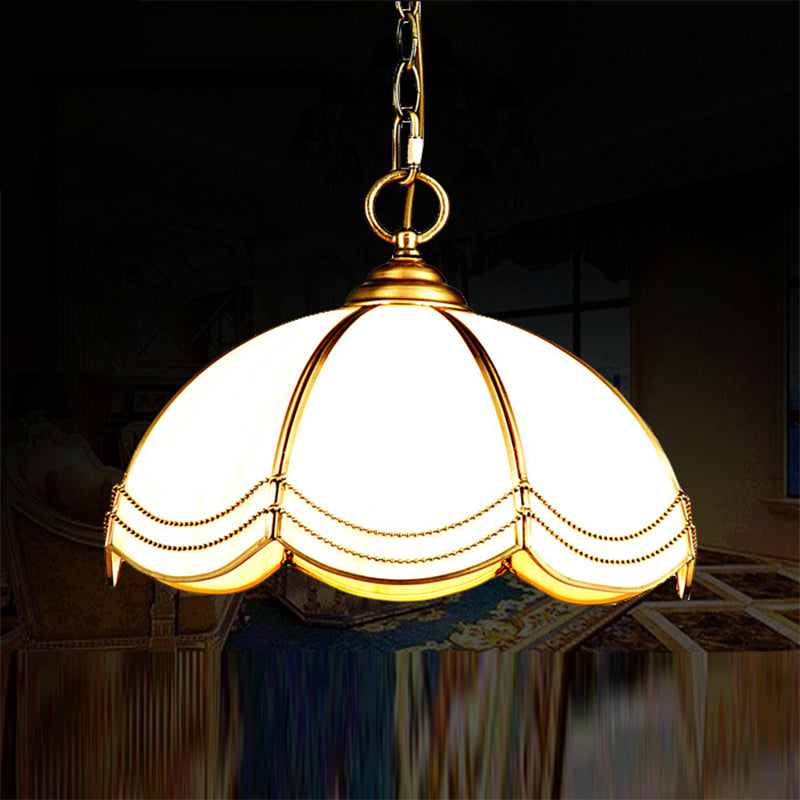 1 Head Textured White Glass Pendant Lamp Traditional Brass Scalloped Bedroom Hanging Ceiling Light Textured White Clearhalo 'Ceiling Lights' 'Close To Ceiling Lights' 'Glass shade' 'Glass' 'Pendant Lights' 'Pendants' Lighting' 1963725