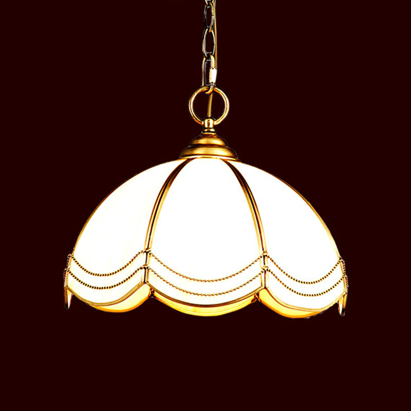 1 Head Textured White Glass Pendant Lamp Traditional Brass Scalloped Bedroom Hanging Ceiling Light Clearhalo 'Ceiling Lights' 'Close To Ceiling Lights' 'Glass shade' 'Glass' 'Pendant Lights' 'Pendants' Lighting' 1963727