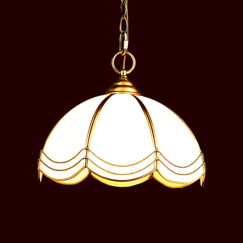 1 Head Textured White Glass Pendant Lamp Traditional Brass Scalloped Bedroom Hanging Ceiling Light Clearhalo 'Ceiling Lights' 'Close To Ceiling Lights' 'Glass shade' 'Glass' 'Pendant Lights' 'Pendants' Lighting' 1963727