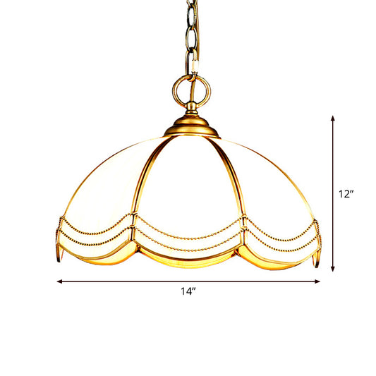1 Head Textured White Glass Pendant Lamp Traditional Brass Scalloped Bedroom Hanging Ceiling Light Clearhalo 'Ceiling Lights' 'Close To Ceiling Lights' 'Glass shade' 'Glass' 'Pendant Lights' 'Pendants' Lighting' 1963728