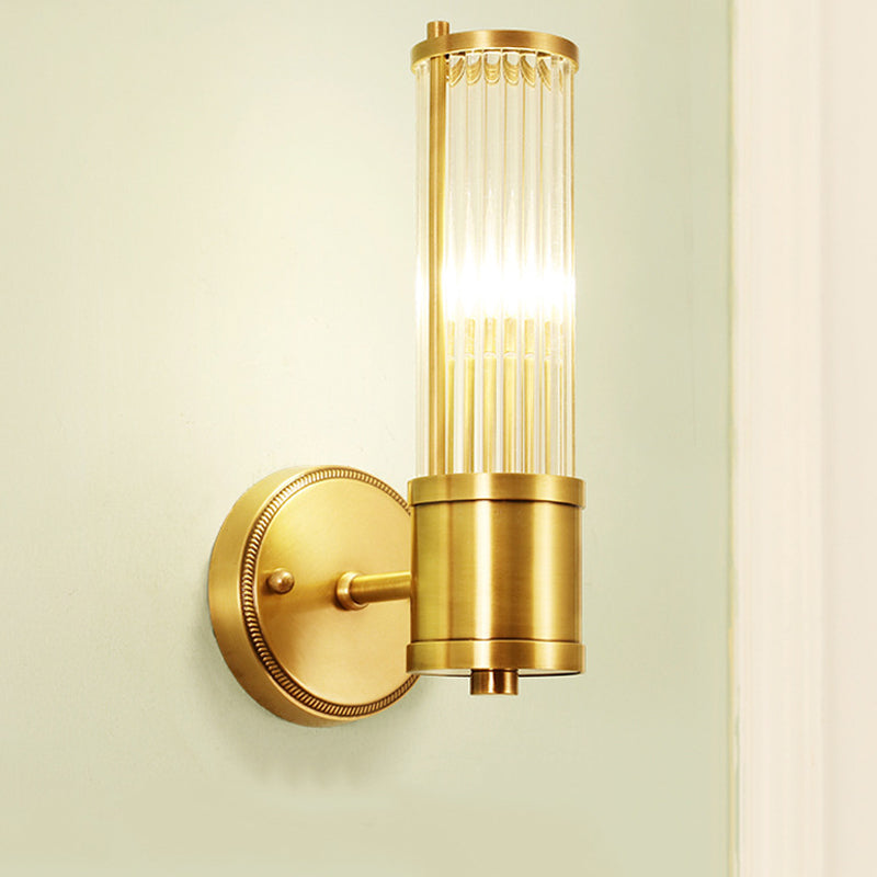 Ribbed Crystal Pole Wall Lamp Traditional 1/2-Light Bedroom Wall Sconce Lighting in Brass 1.0 Brass Clearhalo 'Wall Lamps & Sconces' 'Wall Lights' Lighting' 1963729