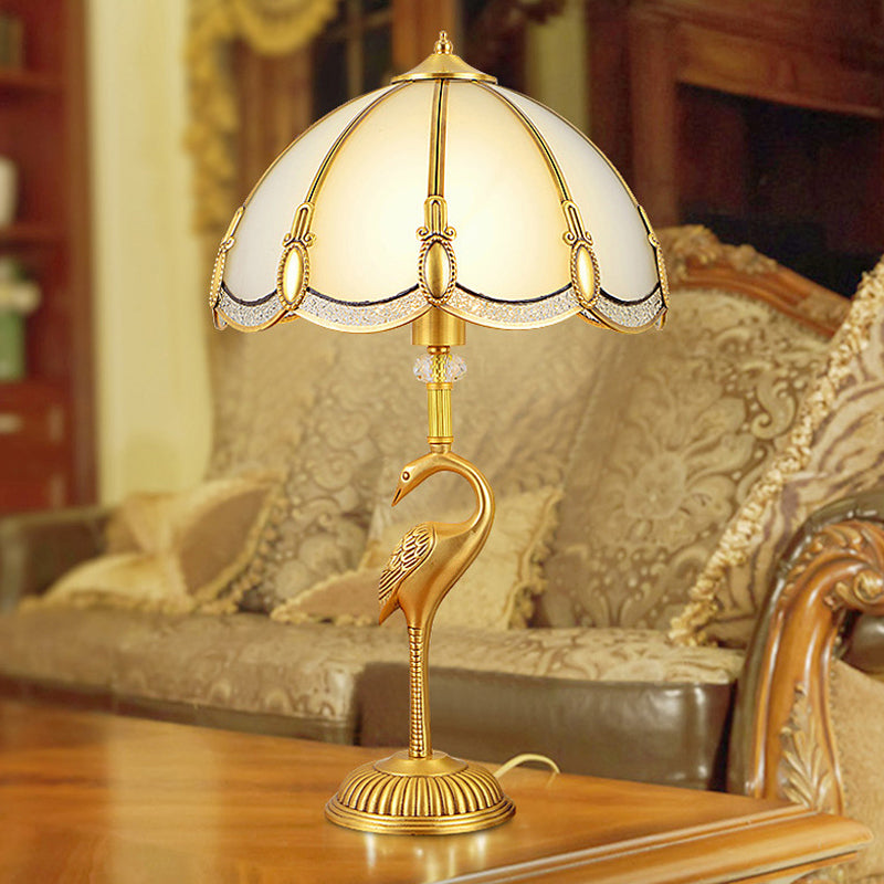 1-Light Night Lamp Vintage Bedroom Table Lamp with Bowl Frosted Glass Shade and Bird Pedestal in Polished Brass Clearhalo 'Lamps' 'Table Lamps' Lighting' 1963795
