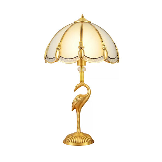 1-Light Night Lamp Vintage Bedroom Table Lamp with Bowl Frosted Glass Shade and Bird Pedestal in Polished Brass Clearhalo 'Lamps' 'Table Lamps' Lighting' 1963796