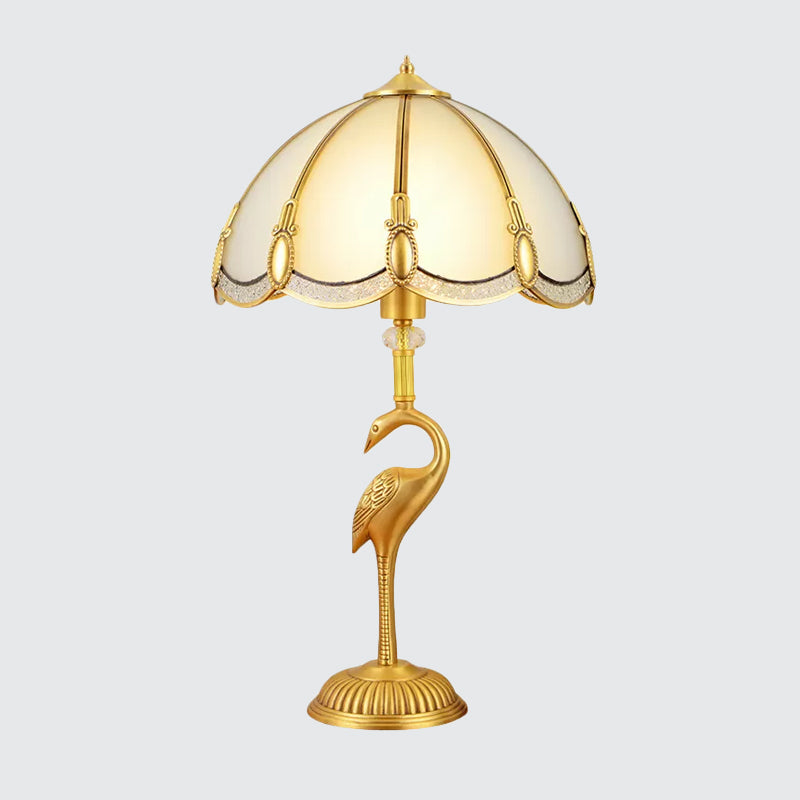 1-Light Night Lamp Vintage Bedroom Table Lamp with Bowl Frosted Glass Shade and Bird Pedestal in Polished Brass Clearhalo 'Lamps' 'Table Lamps' Lighting' 1963797