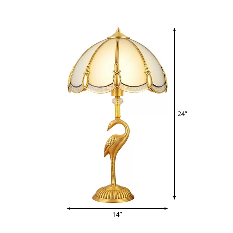 1-Light Night Lamp Vintage Bedroom Table Lamp with Bowl Frosted Glass Shade and Bird Pedestal in Polished Brass Clearhalo 'Lamps' 'Table Lamps' Lighting' 1963798