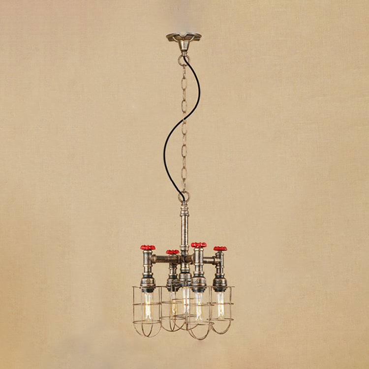 5-Light Chandelier Lamp with Wire Frame and Red Valve Metal Rustic Indoor Pendant Light Fixture in Aged Silver/Bronze Bronze Clearhalo 'Cast Iron' 'Ceiling Lights' 'Chandeliers' 'Industrial Chandeliers' 'Industrial' 'Metal' 'Middle Century Chandeliers' 'Rustic Chandeliers' 'Tiffany' Lighting' 19655