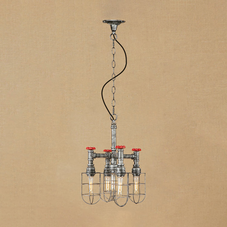 5-Light Chandelier Lamp with Wire Frame and Red Valve Metal Rustic Indoor Pendant Light Fixture in Aged Silver/Bronze Aged Silver Clearhalo 'Cast Iron' 'Ceiling Lights' 'Chandeliers' 'Industrial Chandeliers' 'Industrial' 'Metal' 'Middle Century Chandeliers' 'Rustic Chandeliers' 'Tiffany' Lighting' 19656