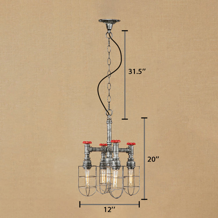 5-Light Chandelier Lamp with Wire Frame and Red Valve Metal Rustic Indoor Pendant Light Fixture in Aged Silver/Bronze Clearhalo 'Cast Iron' 'Ceiling Lights' 'Chandeliers' 'Industrial Chandeliers' 'Industrial' 'Metal' 'Middle Century Chandeliers' 'Rustic Chandeliers' 'Tiffany' Lighting' 19657