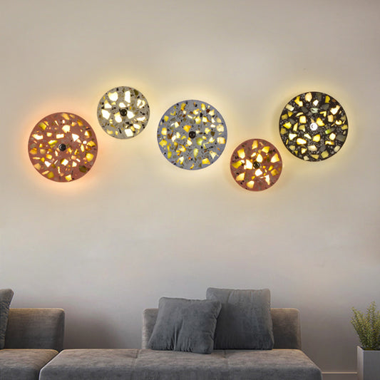 Terrazzo Disk LED Wall Light Art Deco Black/Red/Blue Flush Mount Wall Sconce for Living Room Red Clearhalo 'Modern wall lights' 'Modern' 'Wall Lamps & Sconces' 'Wall Lights' Lighting' 1968189