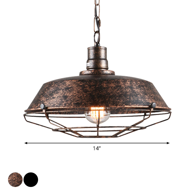 10"/14"/18" W Single Pendant Light Kit Factory Barn Iron Hanging Lamp with Tapered Cage in Black/Rust Clearhalo 'Art Deco Pendants' 'Black' 'Cast Iron' 'Ceiling Lights' 'Ceramic' 'Crystal' 'Industrial Pendants' 'Industrial' 'Metal' 'Middle Century Pendants' 'Pendant Lights' 'Pendants' 'Rustic Pendants' 'Tiffany' Lighting' 1968226
