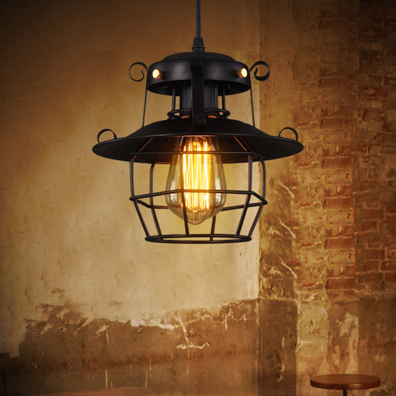 1-Bulb Ceiling Hanging Lantern Rustic Dining Room Down Lighting Pendant with Wire Cage in Black Clearhalo 'Art Deco Pendants' 'Black' 'Cast Iron' 'Ceiling Lights' 'Ceramic' 'Crystal' 'Industrial Pendants' 'Industrial' 'Metal' 'Middle Century Pendants' 'Pendant Lights' 'Pendants' 'Rustic Pendants' 'Tiffany' Lighting' 1968233