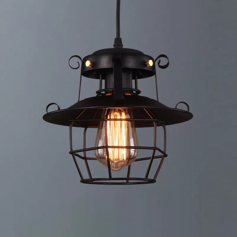 1-Bulb Ceiling Hanging Lantern Rustic Dining Room Down Lighting Pendant with Wire Cage in Black Clearhalo 'Art Deco Pendants' 'Black' 'Cast Iron' 'Ceiling Lights' 'Ceramic' 'Crystal' 'Industrial Pendants' 'Industrial' 'Metal' 'Middle Century Pendants' 'Pendant Lights' 'Pendants' 'Rustic Pendants' 'Tiffany' Lighting' 1968235