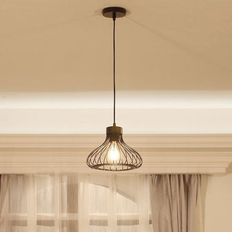 Rustic Cone/Oval/Globe Ceiling Hang Lamp 1 Light Iron Suspended Lighting Fixture in Black for Dining Room Black Vase Clearhalo 'Art Deco Pendants' 'Black' 'Cast Iron' 'Ceiling Lights' 'Ceramic' 'Crystal' 'Industrial Pendants' 'Industrial' 'Metal' 'Middle Century Pendants' 'Pendant Lights' 'Pendants' 'Rustic Pendants' 'Tiffany' Lighting' 1968245