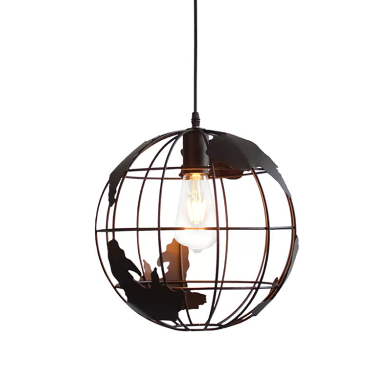 Rustic Cone/Oval/Globe Ceiling Hang Lamp 1 Light Iron Suspended Lighting Fixture in Black for Dining Room Black Globe Clearhalo 'Art Deco Pendants' 'Black' 'Cast Iron' 'Ceiling Lights' 'Ceramic' 'Crystal' 'Industrial Pendants' 'Industrial' 'Metal' 'Middle Century Pendants' 'Pendant Lights' 'Pendants' 'Rustic Pendants' 'Tiffany' Lighting' 1968257