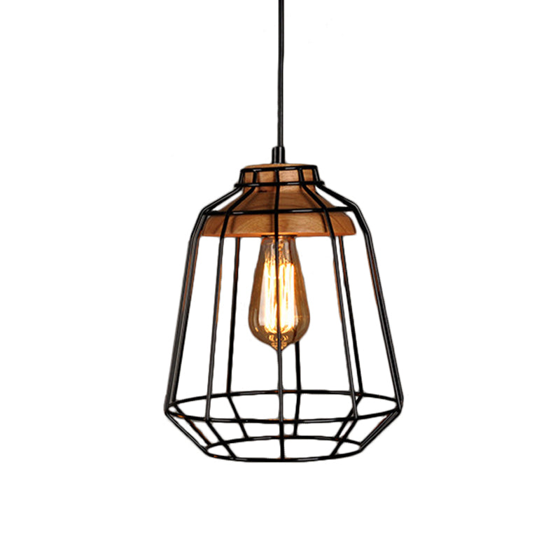 Black Cage/Barn/Pot Shaped Pendant Rustic Iron 1 Bulb Restaurant Hanging Ceiling Light with Wood Socket Black B Clearhalo 'Art Deco Pendants' 'Black' 'Cast Iron' 'Ceiling Lights' 'Ceramic' 'Crystal' 'Industrial Pendants' 'Industrial' 'Metal' 'Middle Century Pendants' 'Pendant Lights' 'Pendants' 'Rustic Pendants' 'Tiffany' Lighting' 1968271