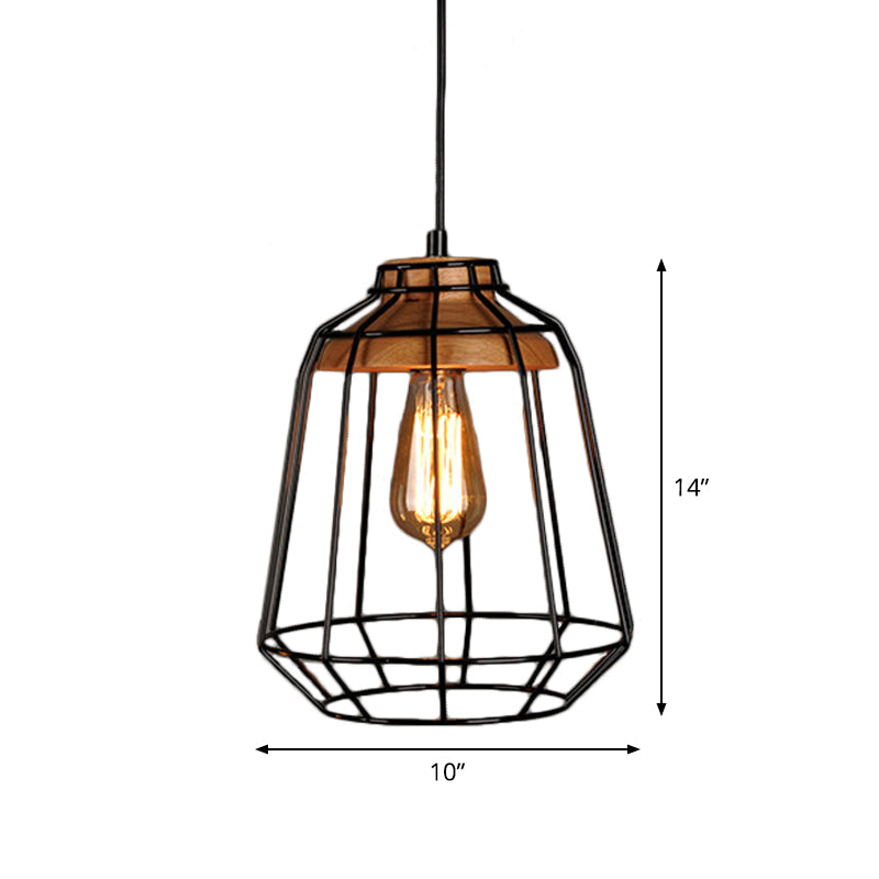 Black Cage/Barn/Pot Shaped Pendant Rustic Iron 1 Bulb Restaurant Hanging Ceiling Light with Wood Socket Clearhalo 'Art Deco Pendants' 'Black' 'Cast Iron' 'Ceiling Lights' 'Ceramic' 'Crystal' 'Industrial Pendants' 'Industrial' 'Metal' 'Middle Century Pendants' 'Pendant Lights' 'Pendants' 'Rustic Pendants' 'Tiffany' Lighting' 1968273