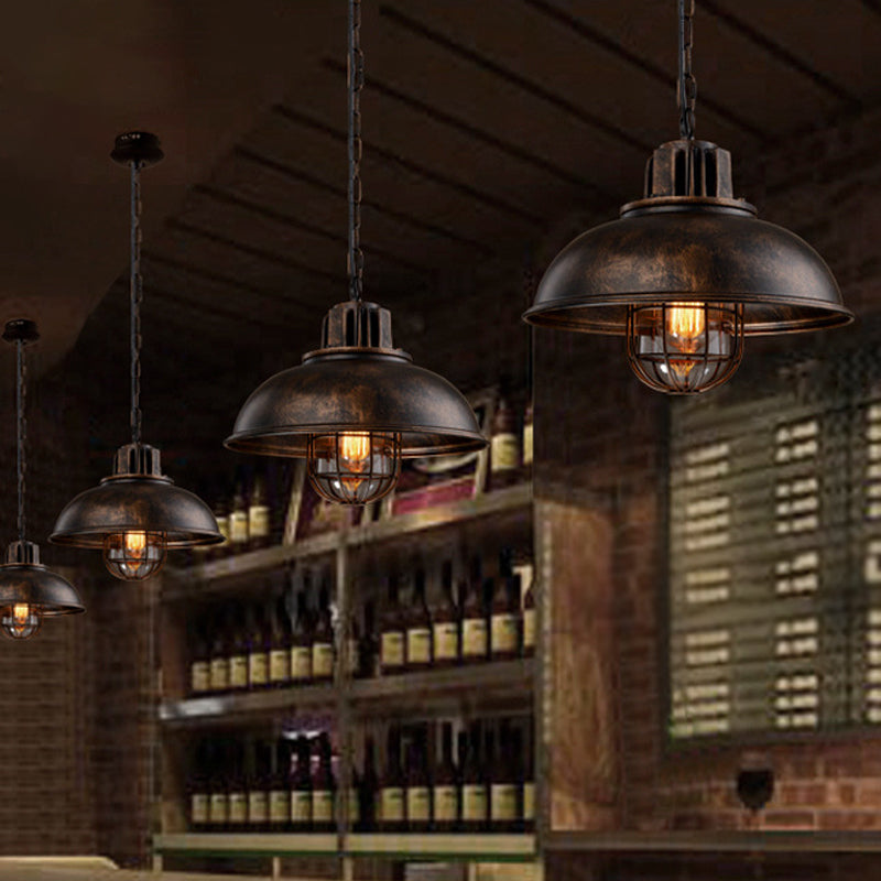 Bowl Bistro Hanging Light Kit Country Iron 1 Head Rust/White Pendant Lamp with Cage and Inner Glass Shade Rust Clearhalo 'Art Deco Pendants' 'Cast Iron' 'Ceiling Lights' 'Ceramic' 'Crystal' 'Industrial Pendants' 'Industrial' 'Metal' 'Middle Century Pendants' 'Pendant Lights' 'Pendants' 'Tiffany' Lighting' 1968298