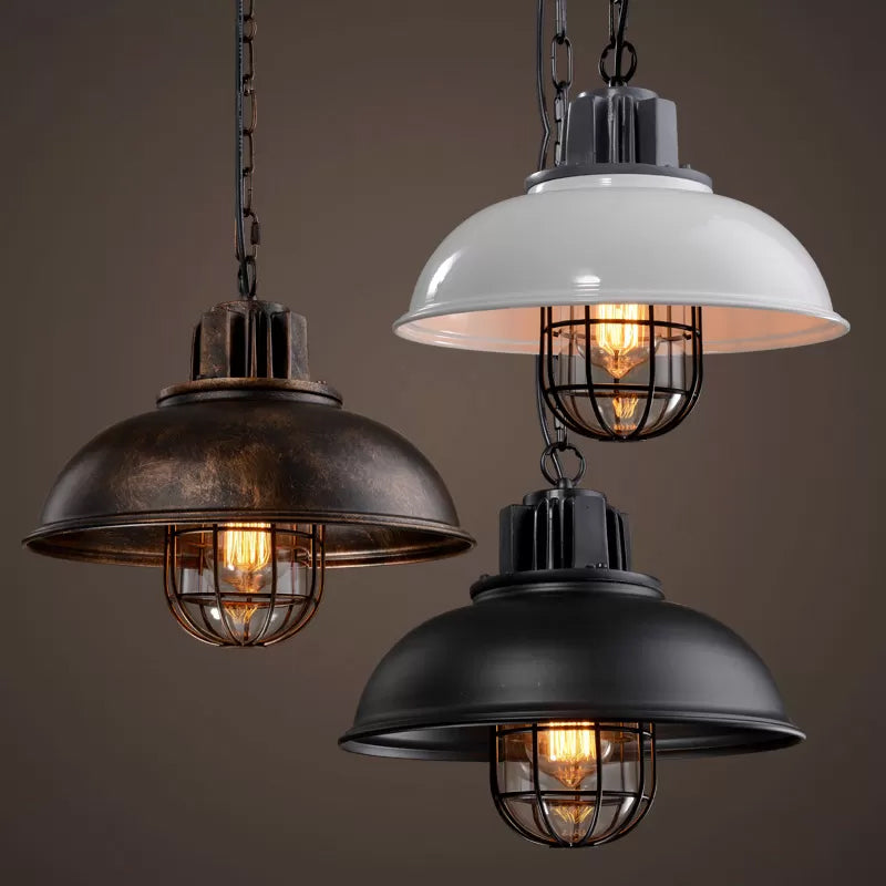 Bowl Bistro Hanging Light Kit Country Iron 1 Head Rust/White Pendant Lamp with Cage and Inner Glass Shade Clearhalo 'Art Deco Pendants' 'Cast Iron' 'Ceiling Lights' 'Ceramic' 'Crystal' 'Industrial Pendants' 'Industrial' 'Metal' 'Middle Century Pendants' 'Pendant Lights' 'Pendants' 'Tiffany' Lighting' 1968299