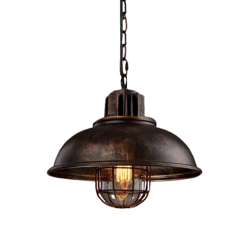 Bowl Bistro Hanging Light Kit Country Iron 1 Head Rust/White Pendant Lamp with Cage and Inner Glass Shade Clearhalo 'Art Deco Pendants' 'Cast Iron' 'Ceiling Lights' 'Ceramic' 'Crystal' 'Industrial Pendants' 'Industrial' 'Metal' 'Middle Century Pendants' 'Pendant Lights' 'Pendants' 'Tiffany' Lighting' 1968300