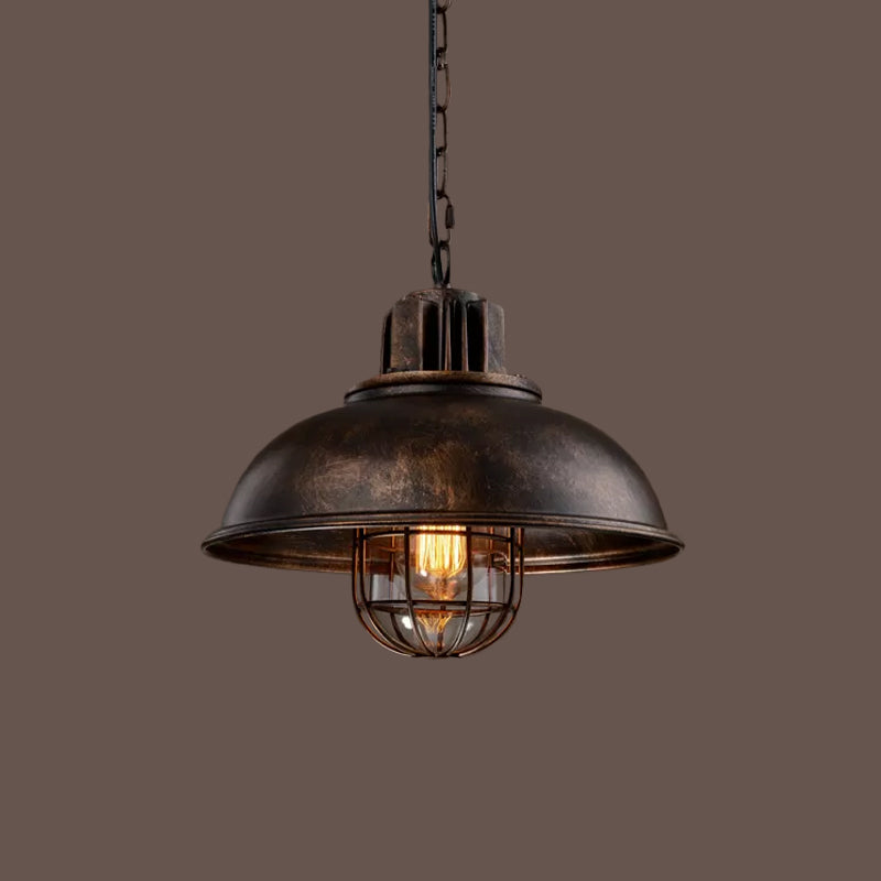Bowl Bistro Hanging Light Kit Country Iron 1 Head Rust/White Pendant Lamp with Cage and Inner Glass Shade Clearhalo 'Art Deco Pendants' 'Cast Iron' 'Ceiling Lights' 'Ceramic' 'Crystal' 'Industrial Pendants' 'Industrial' 'Metal' 'Middle Century Pendants' 'Pendant Lights' 'Pendants' 'Tiffany' Lighting' 1968301