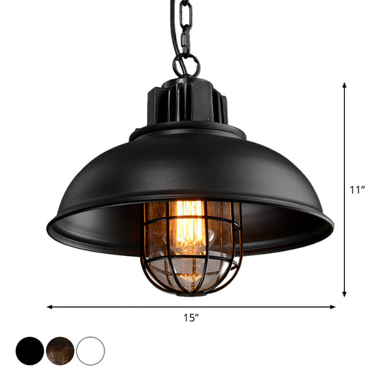Bowl Bistro Hanging Light Kit Country Iron 1 Head Rust/White Pendant Lamp with Cage and Inner Glass Shade Clearhalo 'Art Deco Pendants' 'Cast Iron' 'Ceiling Lights' 'Ceramic' 'Crystal' 'Industrial Pendants' 'Industrial' 'Metal' 'Middle Century Pendants' 'Pendant Lights' 'Pendants' 'Tiffany' Lighting' 1968302