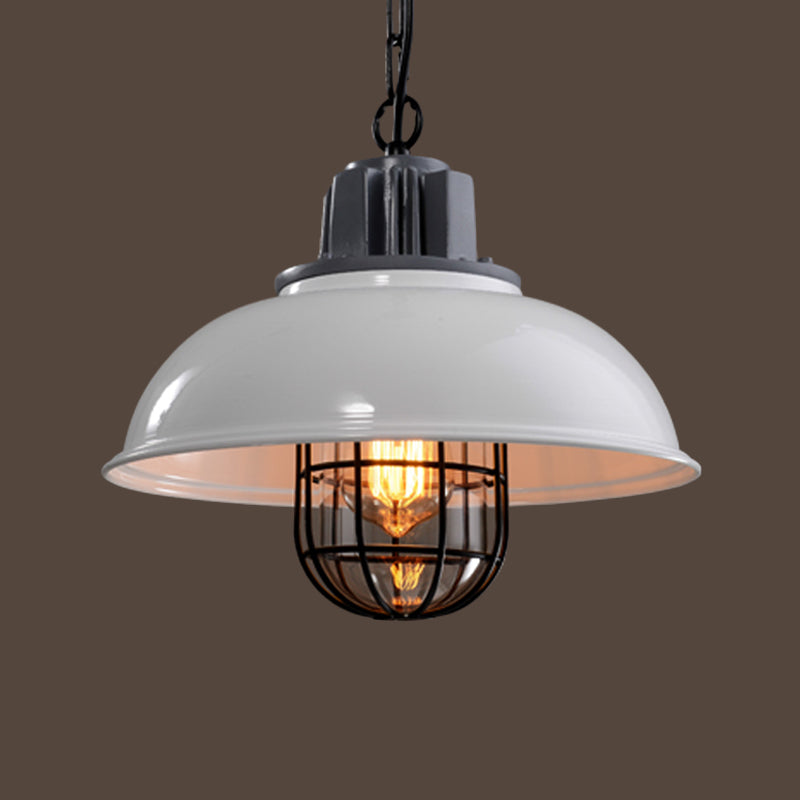 Bowl Bistro Hanging Light Kit Country Iron 1 Head Rust/White Pendant Lamp with Cage and Inner Glass Shade Clearhalo 'Art Deco Pendants' 'Cast Iron' 'Ceiling Lights' 'Ceramic' 'Crystal' 'Industrial Pendants' 'Industrial' 'Metal' 'Middle Century Pendants' 'Pendant Lights' 'Pendants' 'Tiffany' Lighting' 1968304