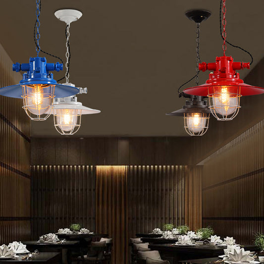 Metal Red/White/Blue Pendulum Light Saucer 1 Bulb Loft Pendant Light Kit with Clear Glass Shade and Cage Red Clearhalo 'Art Deco Pendants' 'Cast Iron' 'Ceiling Lights' 'Ceramic' 'Crystal' 'Industrial Pendants' 'Industrial' 'Metal' 'Middle Century Pendants' 'Pendant Lights' 'Pendants' 'Tiffany' Lighting' 1968305