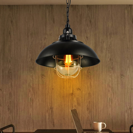 12"/16" W Bowl Metal Pendant Lighting Rustic 1-Light Bistro Hanging Lamp with Wire Cage and Clear Glass Shade in Black Black Clearhalo 'Art Deco Pendants' 'Black' 'Cast Iron' 'Ceiling Lights' 'Ceramic' 'Crystal' 'Industrial Pendants' 'Industrial' 'Metal' 'Middle Century Pendants' 'Pendant Lights' 'Pendants' 'Rustic Pendants' 'Tiffany' Lighting' 1968313