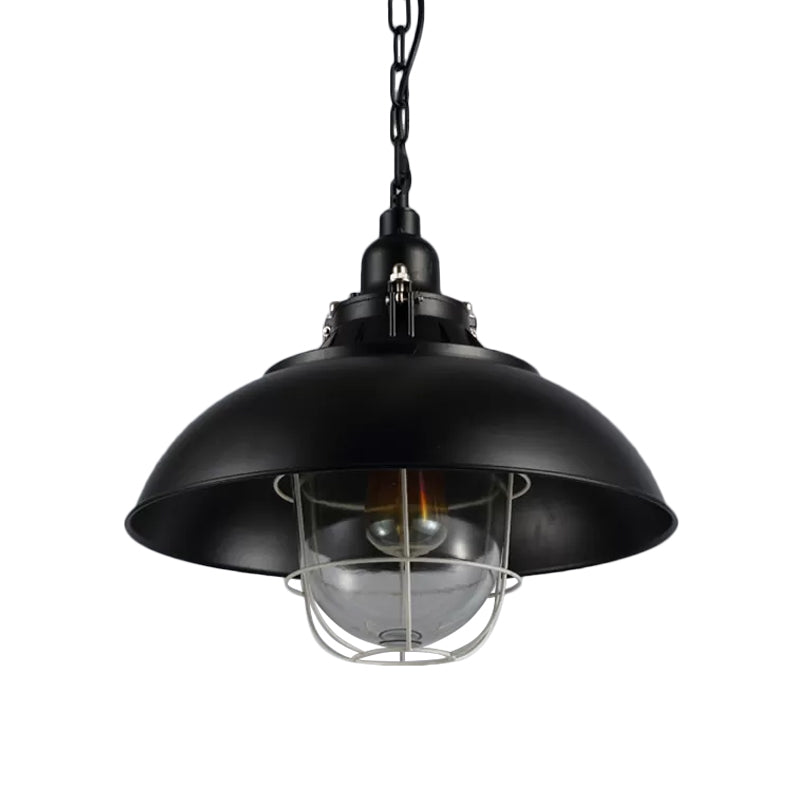 12"/16" W Bowl Metal Pendant Lighting Rustic 1-Light Bistro Hanging Lamp with Wire Cage and Clear Glass Shade in Black Clearhalo 'Art Deco Pendants' 'Black' 'Cast Iron' 'Ceiling Lights' 'Ceramic' 'Crystal' 'Industrial Pendants' 'Industrial' 'Metal' 'Middle Century Pendants' 'Pendant Lights' 'Pendants' 'Rustic Pendants' 'Tiffany' Lighting' 1968316
