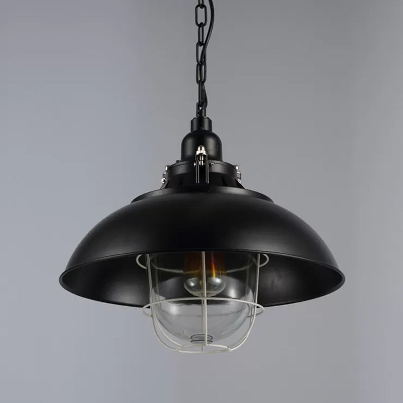 12"/16" W Bowl Metal Pendant Lighting Rustic 1-Light Bistro Hanging Lamp with Wire Cage and Clear Glass Shade in Black Clearhalo 'Art Deco Pendants' 'Black' 'Cast Iron' 'Ceiling Lights' 'Ceramic' 'Crystal' 'Industrial Pendants' 'Industrial' 'Metal' 'Middle Century Pendants' 'Pendant Lights' 'Pendants' 'Rustic Pendants' 'Tiffany' Lighting' 1968317