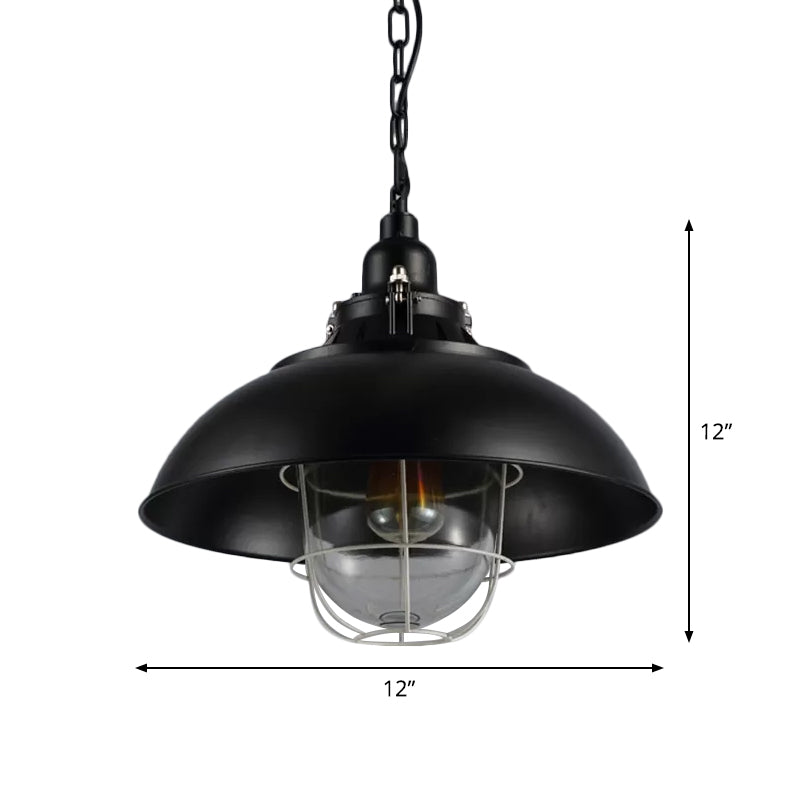 12"/16" W Bowl Metal Pendant Lighting Rustic 1-Light Bistro Hanging Lamp with Wire Cage and Clear Glass Shade in Black Clearhalo 'Art Deco Pendants' 'Black' 'Cast Iron' 'Ceiling Lights' 'Ceramic' 'Crystal' 'Industrial Pendants' 'Industrial' 'Metal' 'Middle Century Pendants' 'Pendant Lights' 'Pendants' 'Rustic Pendants' 'Tiffany' Lighting' 1968318