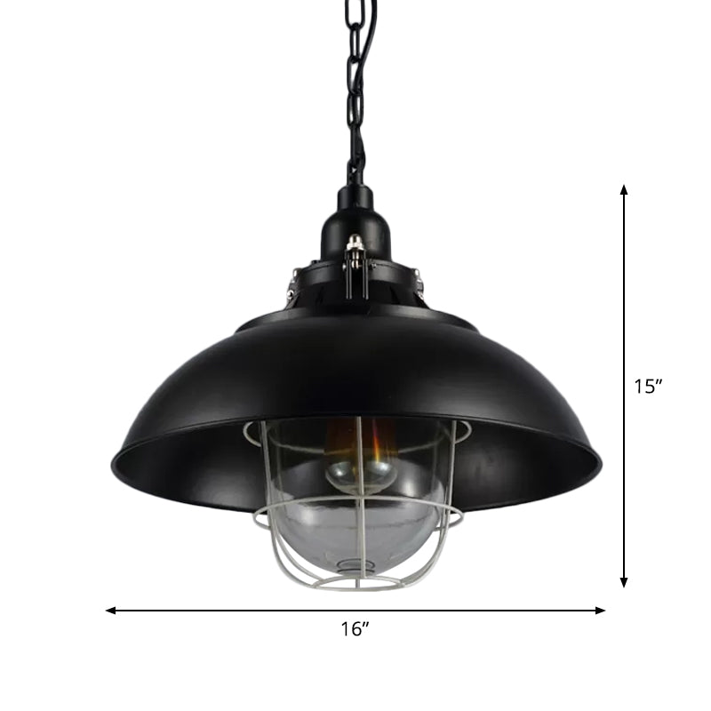12"/16" W Bowl Metal Pendant Lighting Rustic 1-Light Bistro Hanging Lamp with Wire Cage and Clear Glass Shade in Black Clearhalo 'Art Deco Pendants' 'Black' 'Cast Iron' 'Ceiling Lights' 'Ceramic' 'Crystal' 'Industrial Pendants' 'Industrial' 'Metal' 'Middle Century Pendants' 'Pendant Lights' 'Pendants' 'Rustic Pendants' 'Tiffany' Lighting' 1968319