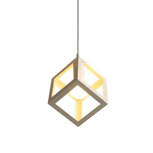 1 Head Down Lighting Pendant Nordic Cube Frame Metal Ceiling Hang Light in White Clearhalo 'Art Deco Pendants' 'Cast Iron' 'Ceiling Lights' 'Ceramic' 'Crystal' 'Industrial Pendants' 'Industrial' 'Metal' 'Middle Century Pendants' 'Pendant Lights' 'Pendants' 'Tiffany' Lighting' 1968358