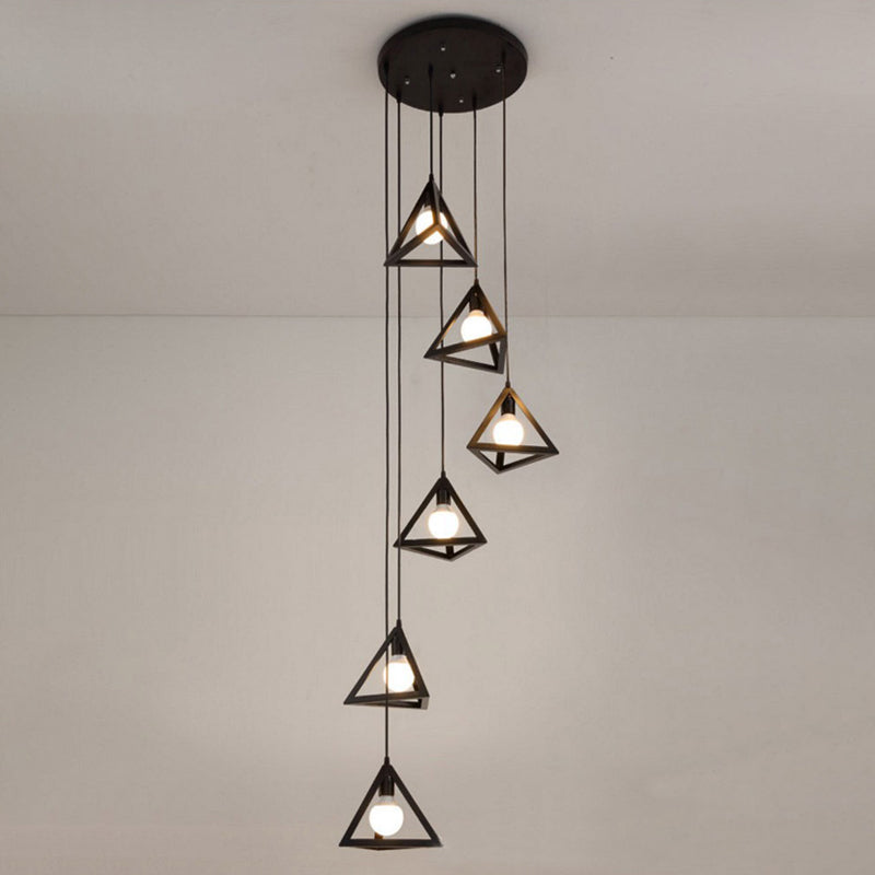 6-Bulb Cluster Pendant Light Vintage Triangle Metal Hanging Ceiling Light in Black Clearhalo 'Art Deco Pendants' 'Black' 'Cast Iron' 'Ceiling Lights' 'Ceramic' 'Crystal' 'Industrial Pendants' 'Industrial' 'Metal' 'Middle Century Pendants' 'Pendant Lights' 'Pendants' 'Rustic Pendants' 'Tiffany' Lighting' 1968380