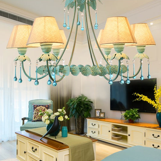 3/6-Light Chandelier Pastoral Bedroom Pendant Light with Cone Fabric Shade and Crystal Decor in Mint Green and White Clearhalo 'Ceiling Lights' 'Chandeliers' Lighting' options 1968383
