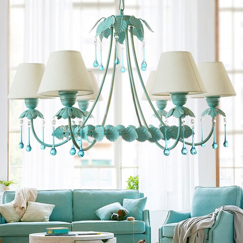 3/6-Light Chandelier Pastoral Bedroom Pendant Light with Cone Fabric Shade and Crystal Decor in Mint Green and White Clearhalo 'Ceiling Lights' 'Chandeliers' Lighting' options 1968384
