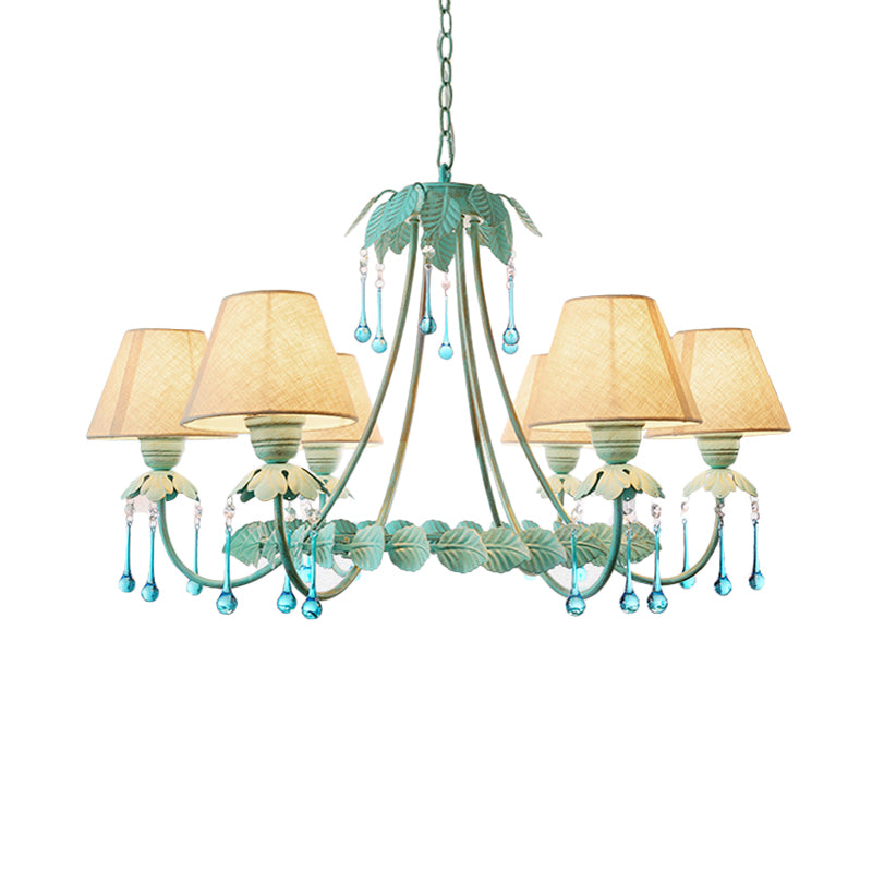 3/6-Light Chandelier Pastoral Bedroom Pendant Light with Cone Fabric Shade and Crystal Decor in Mint Green and White Clearhalo 'Ceiling Lights' 'Chandeliers' Lighting' options 1968385