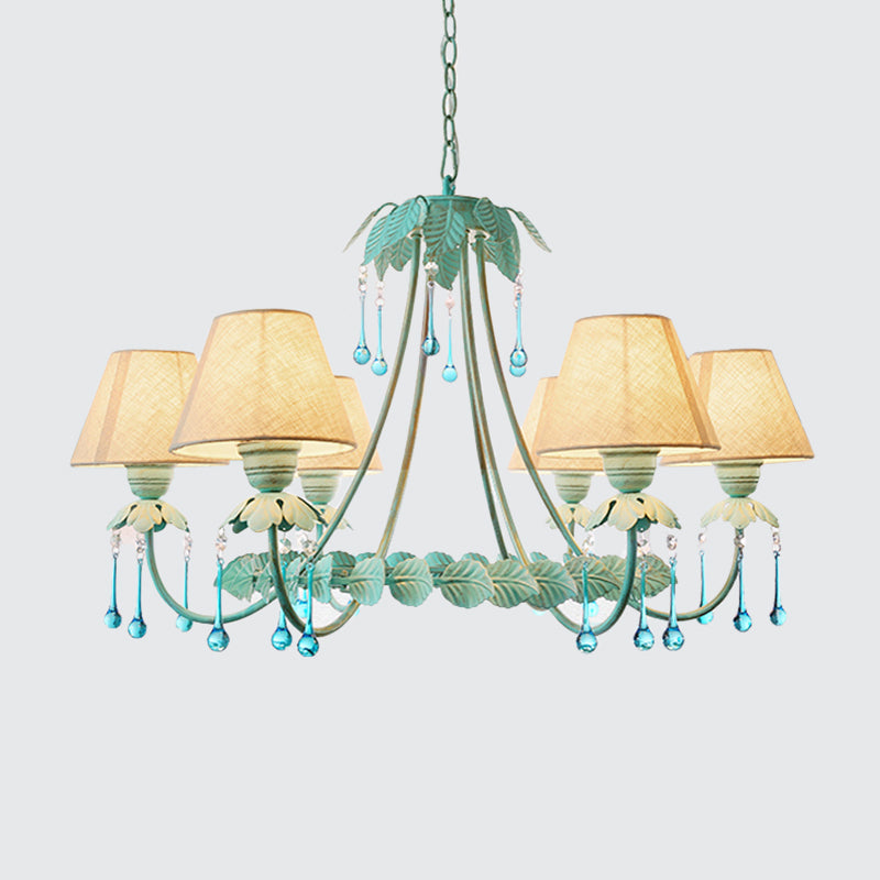 3/6-Light Chandelier Pastoral Bedroom Pendant Light with Cone Fabric Shade and Crystal Decor in Mint Green and White Clearhalo 'Ceiling Lights' 'Chandeliers' Lighting' options 1968386