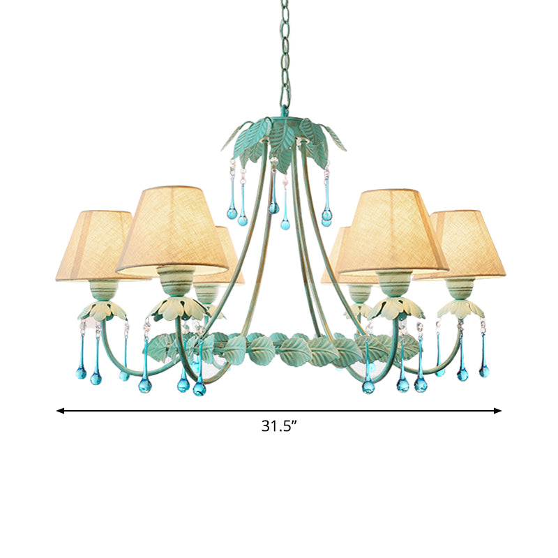 3/6-Light Chandelier Pastoral Bedroom Pendant Light with Cone Fabric Shade and Crystal Decor in Mint Green and White Clearhalo 'Ceiling Lights' 'Chandeliers' Lighting' options 1968387