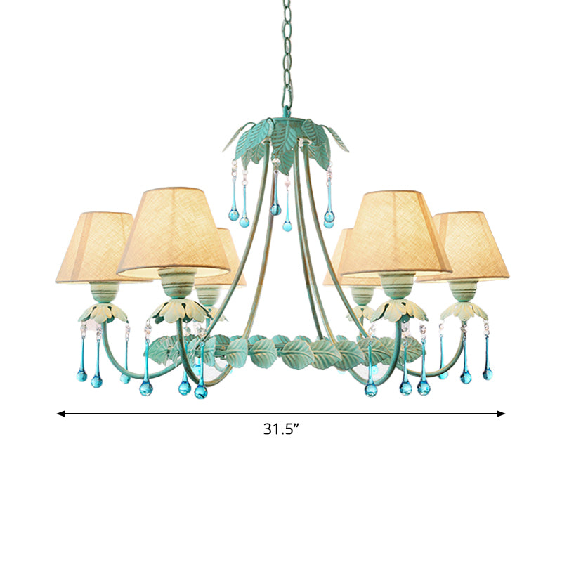 3/6-Light Chandelier Pastoral Bedroom Pendant Light with Cone Fabric Shade and Crystal Decor in Mint Green and White Clearhalo 'Ceiling Lights' 'Chandeliers' Lighting' options 1968387