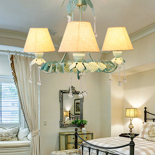 3/6-Light Chandelier Pastoral Bedroom Pendant Light with Cone Fabric Shade and Crystal Decor in Mint Green and White 3 White