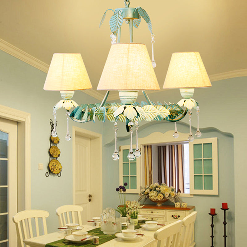 3/6-Light Chandelier Pastoral Bedroom Pendant Light with Cone Fabric Shade and Crystal Decor in Mint Green and White Clearhalo 'Ceiling Lights' 'Chandeliers' Lighting' options 1968389