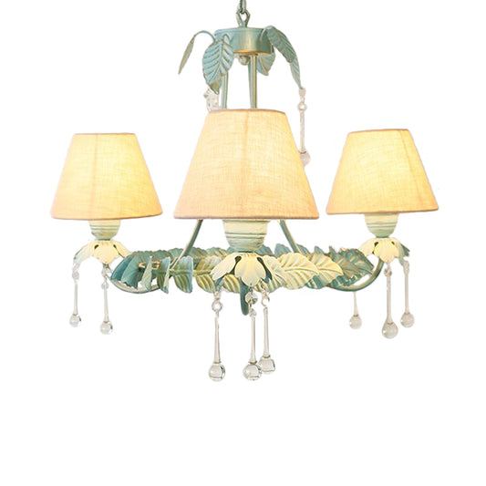 3/6-Light Chandelier Pastoral Bedroom Pendant Light with Cone Fabric Shade and Crystal Decor in Mint Green and White Clearhalo 'Ceiling Lights' 'Chandeliers' Lighting' options 1968390