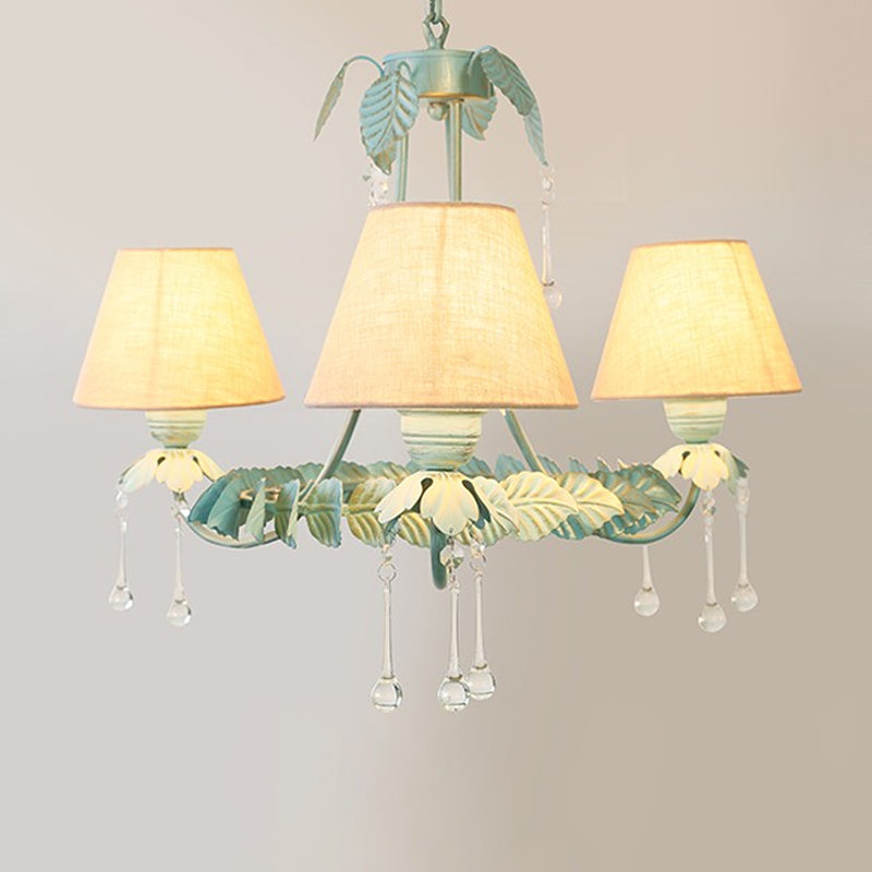 3/6-Light Chandelier Pastoral Bedroom Pendant Light with Cone Fabric Shade and Crystal Decor in Mint Green and White Clearhalo 'Ceiling Lights' 'Chandeliers' Lighting' options 1968391