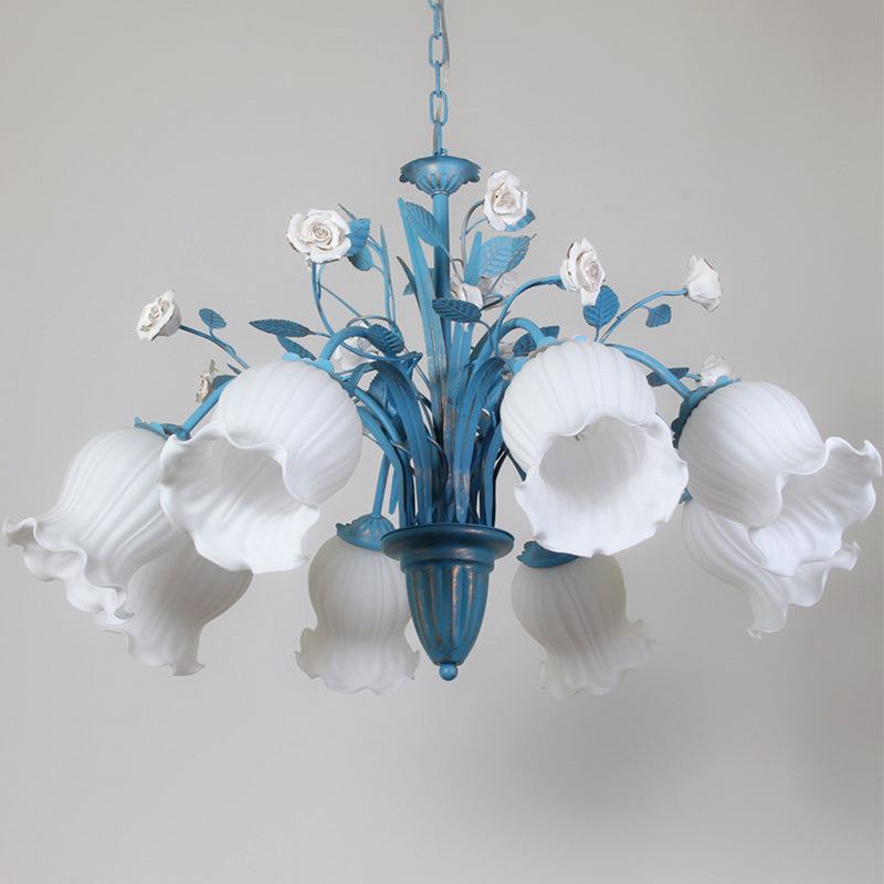 White Glass Orchid/Magnolia Chandelier Korean Flower 5/6/8-Light Living Room Ceiling Pendant Lamp in Blue Clearhalo 'Ceiling Lights' 'Chandeliers' Lighting' options 1968393